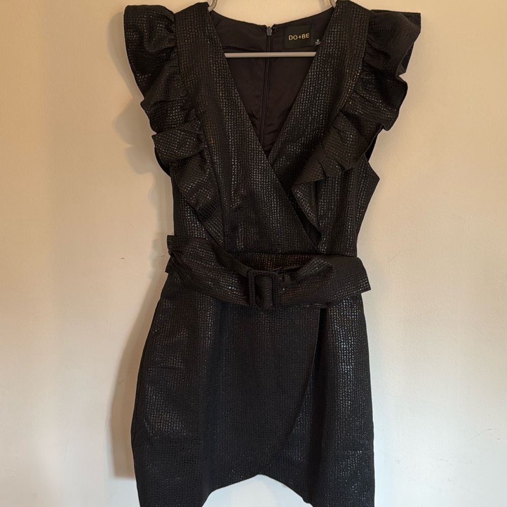 Do + Be Black Metallic Ruffle Mini Dress with Belt